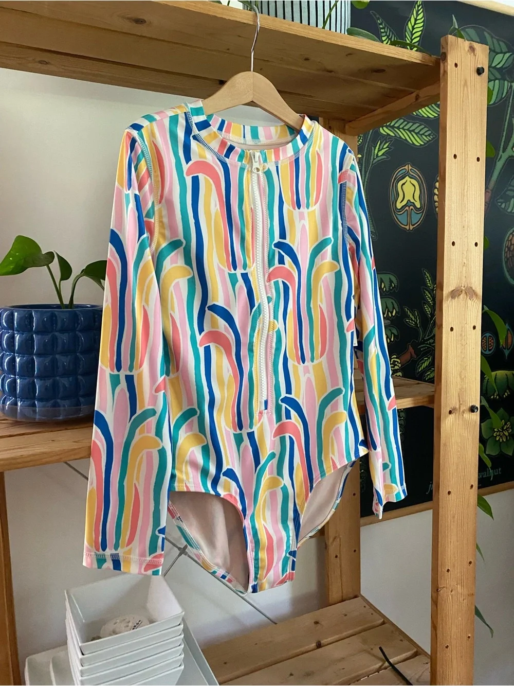 Tea Collection Rainbow Stripe Print Long Sleeve Rashguard One Piece Swimsuit 12